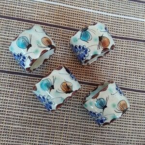Vintage Tonala Mexico Pottery Napkin Rings Butterfly Floral Signed Set of 4